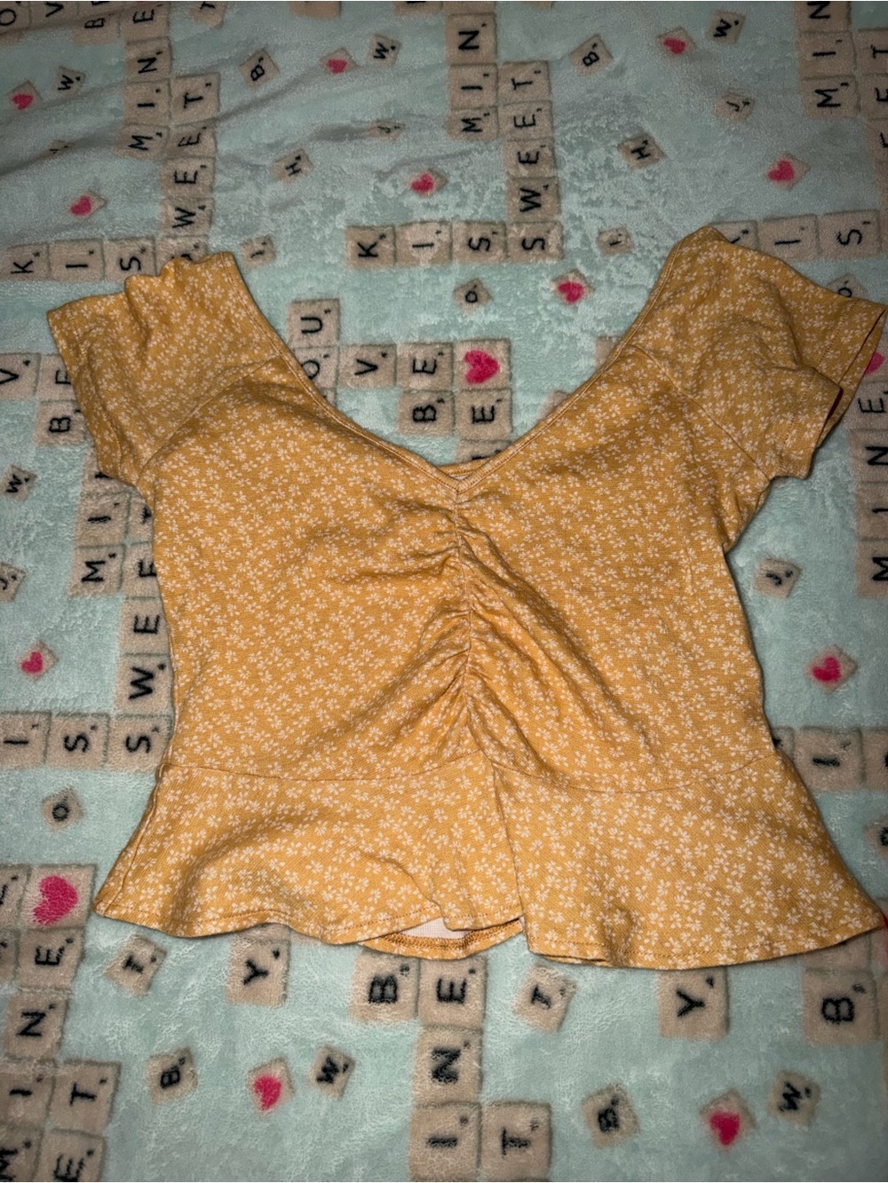 American Eagle Outfitters Mustard Yellow Floral Ruched Peplum Crop Top